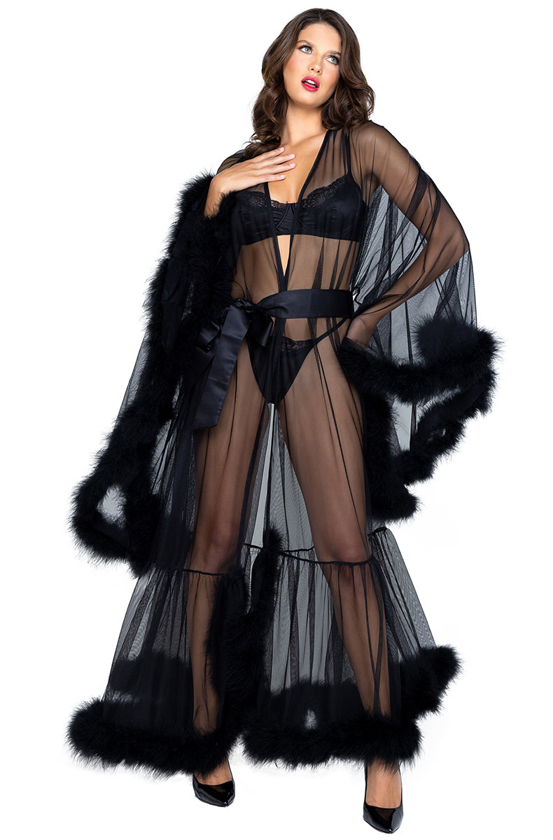Floor-length sheer black tulle robe with tiered black marabou feather trim at the cuffs, front opening, mid-skirt, and floor hem, with full-length kimono sleeves and black satin sash.
