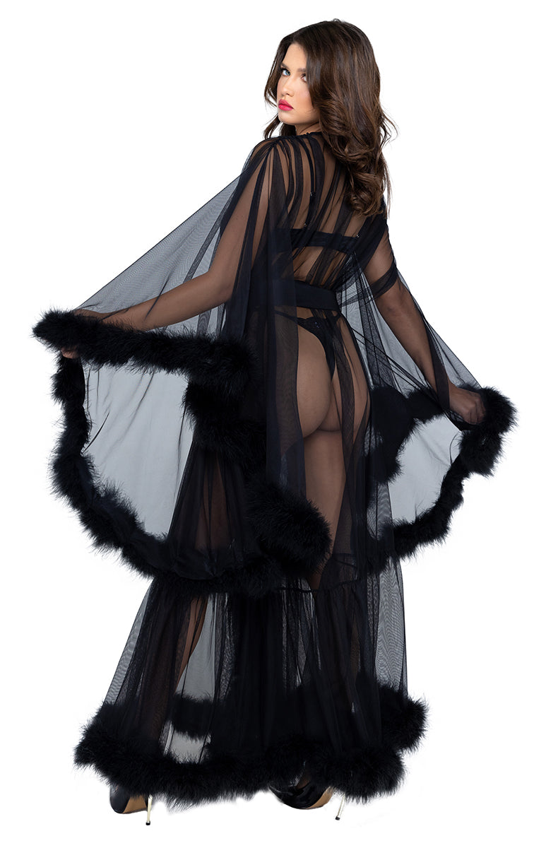 Roma Black Hollywood Glam floor length black tulle marabou robe
