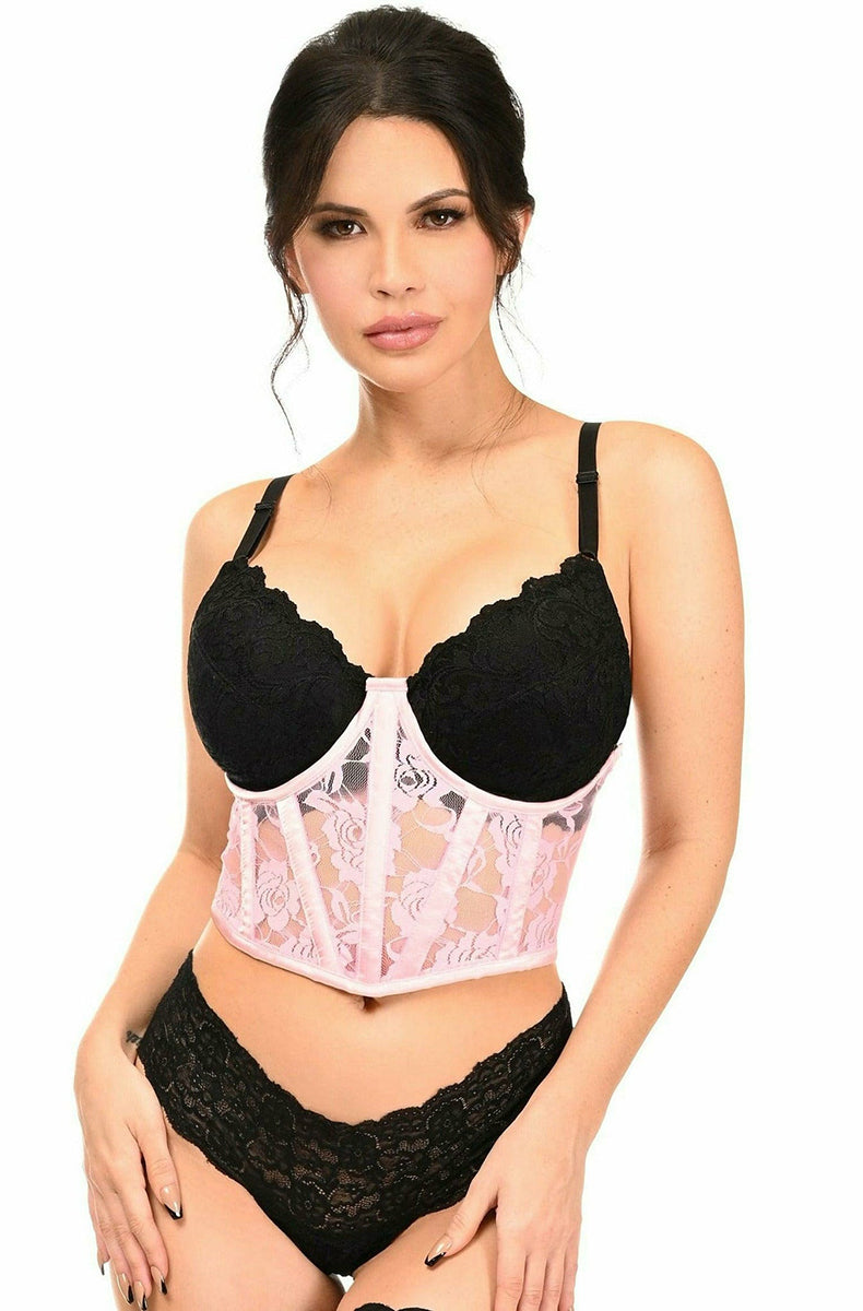 Model wearing light pink sheer lace under-bust cincher corset with adjustable shoulder straps