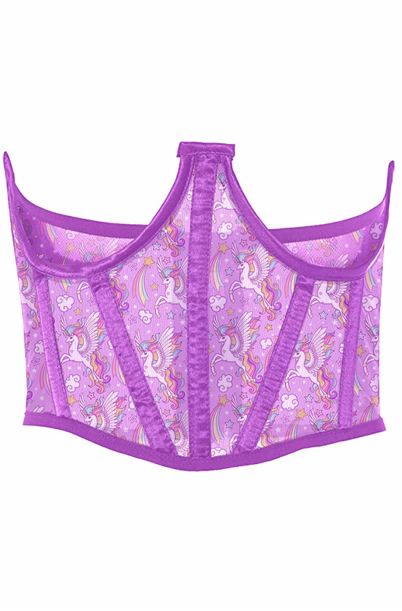 Lavender mesh open-cup underbust cincher in all-over unicorn print with rainbow unicorns stars and clouds