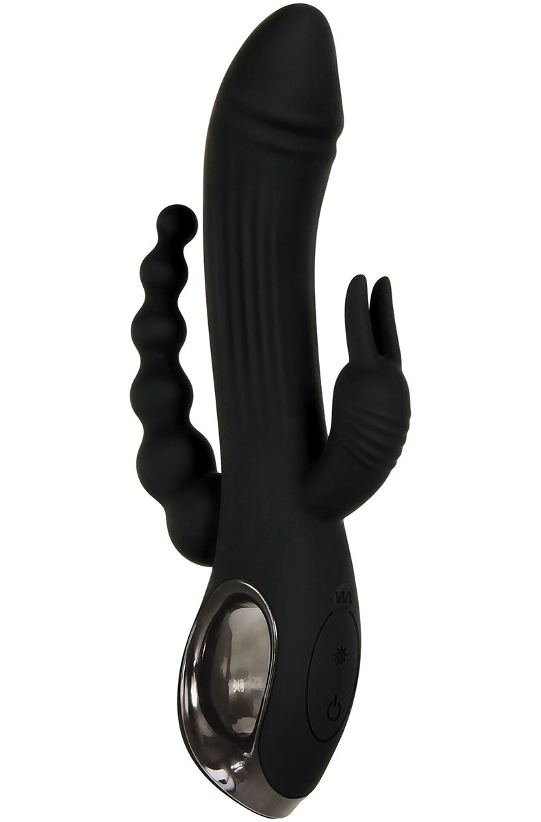 Close view of the graduated anal bead arm on the Trifecta rabbit vibrator.