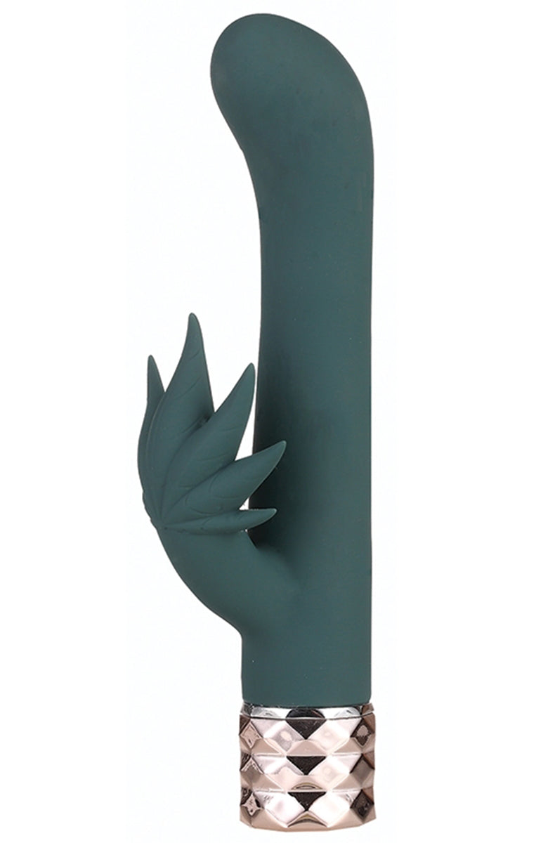 Kusha cannabis rabbit vibrator in dark teal silicone with G-spot shaft, sculpted cannabis-leaf arm, rose-gold base.