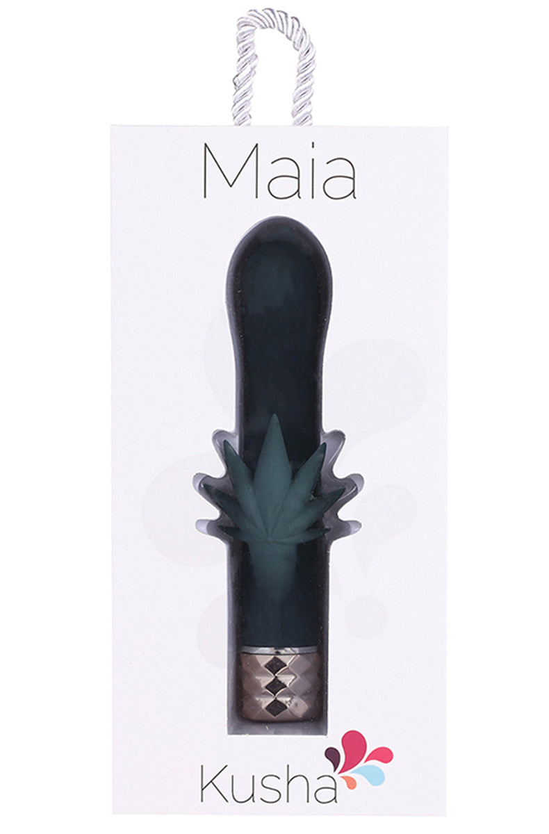 Side view of Kusha cannabis rabbit vibrator highlighting the cannabis-leaf clit arm and rose-gold base.