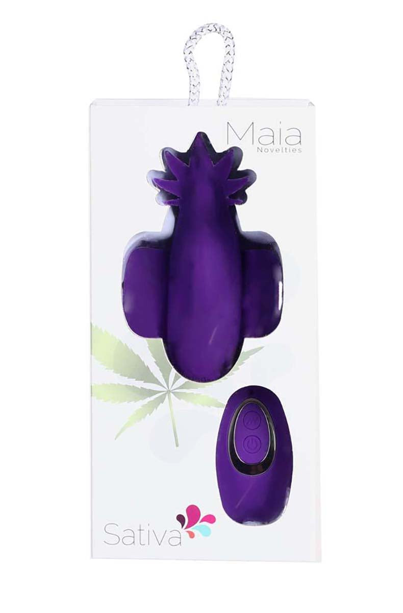 Purple silicone cannabis-leaf shaped Sativa panty vibrator in packaging or detail view.
