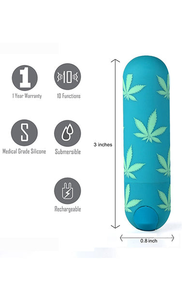 Front view of Maia Jessi 420 teal silicone mini bullet with emerald green leaf print on white background.