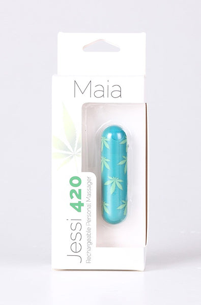 Side view of Maia Jessi 420 teal silicone mini bullet vibrator showing the bottom button.