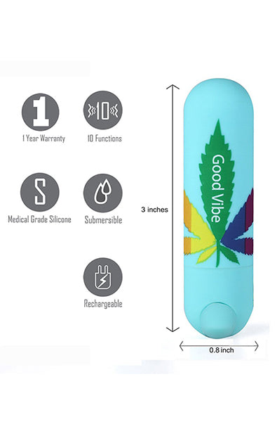 Front view of Maia Jessi 420 teal blue mini silicone bullet vibrator with rainbow leaf print on white background.
