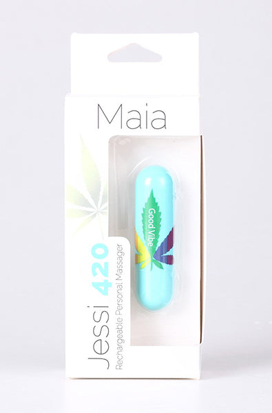 Side view of Maia Jessi 420 teal blue mini silicone bullet vibrator showing the bottom button.
