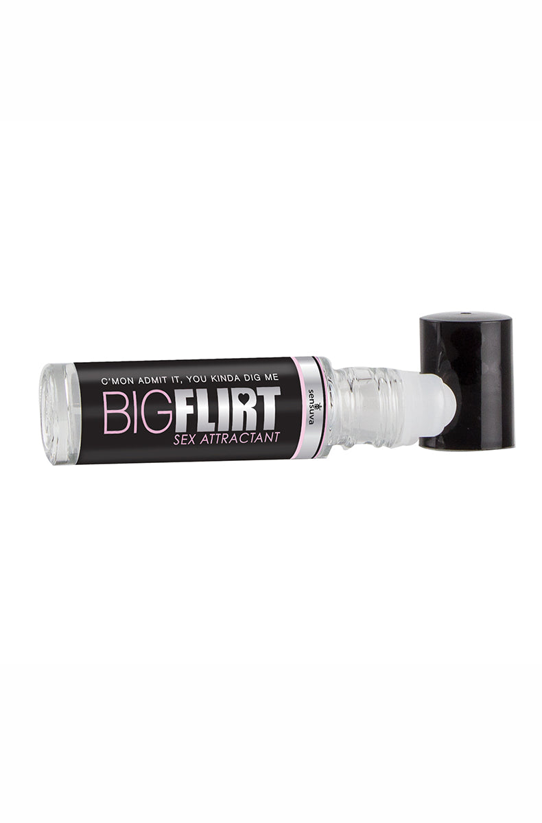 Sensuva Big Flirt Pheromone Infused Sex Attractant 10ml bottle with a pink label, on a white background.