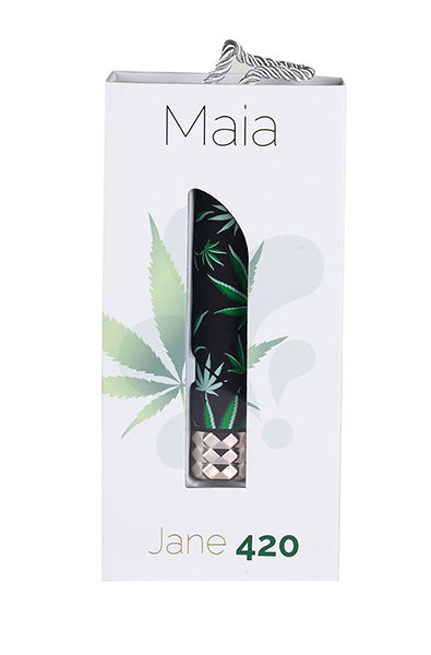 Second view of Maia Jane 420 black silicone bullet vibrator with green leaf print and chrome diamond-cut crystal base.