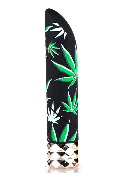 Slim Maia Jane 420 silicone bullet in black with green and white cannabis leaf print and a chrome faceted gem base.