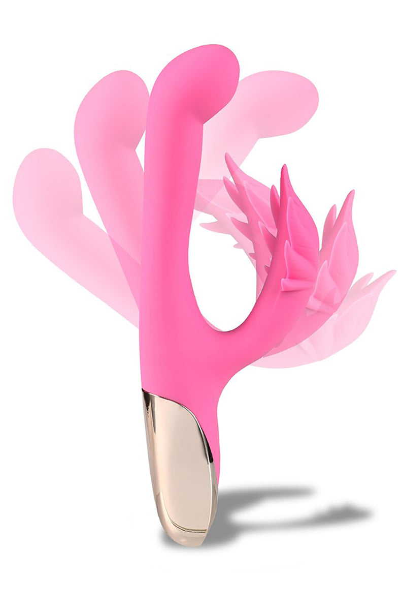Maui pink rabbit vibrator side view, slim curved G-spot shaft and bendable cannabis-leaf stimulator.