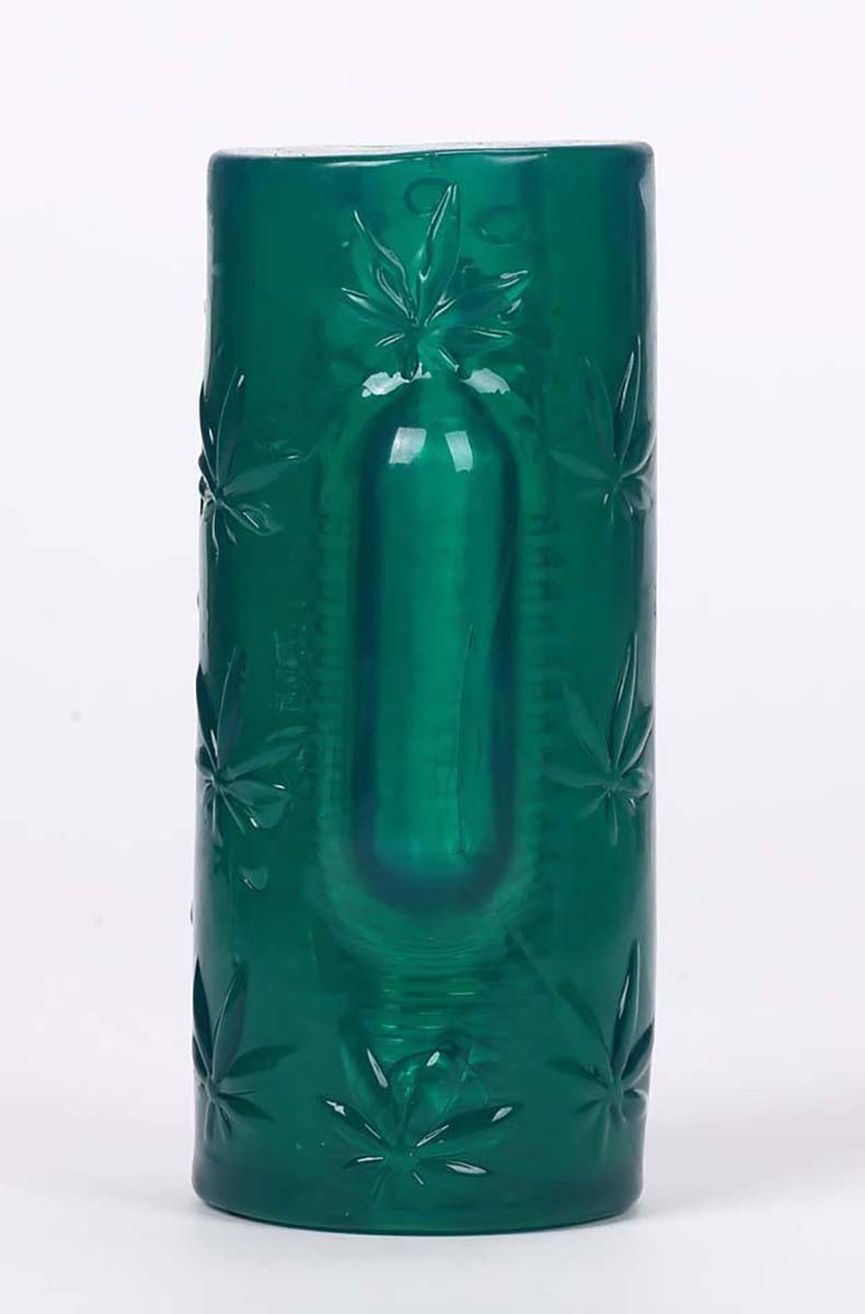Translucent green TPE male masturbator stroker with embossed cannabis leaf design on the outside and a ribbed inner tunnel.