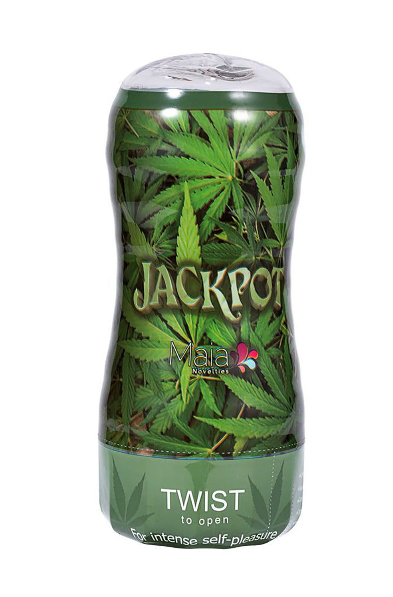 Jackpot Cannabis Clear Stroker cup wrapped in a green cannabis leaf label with Maia branding and a twist-to-open base.