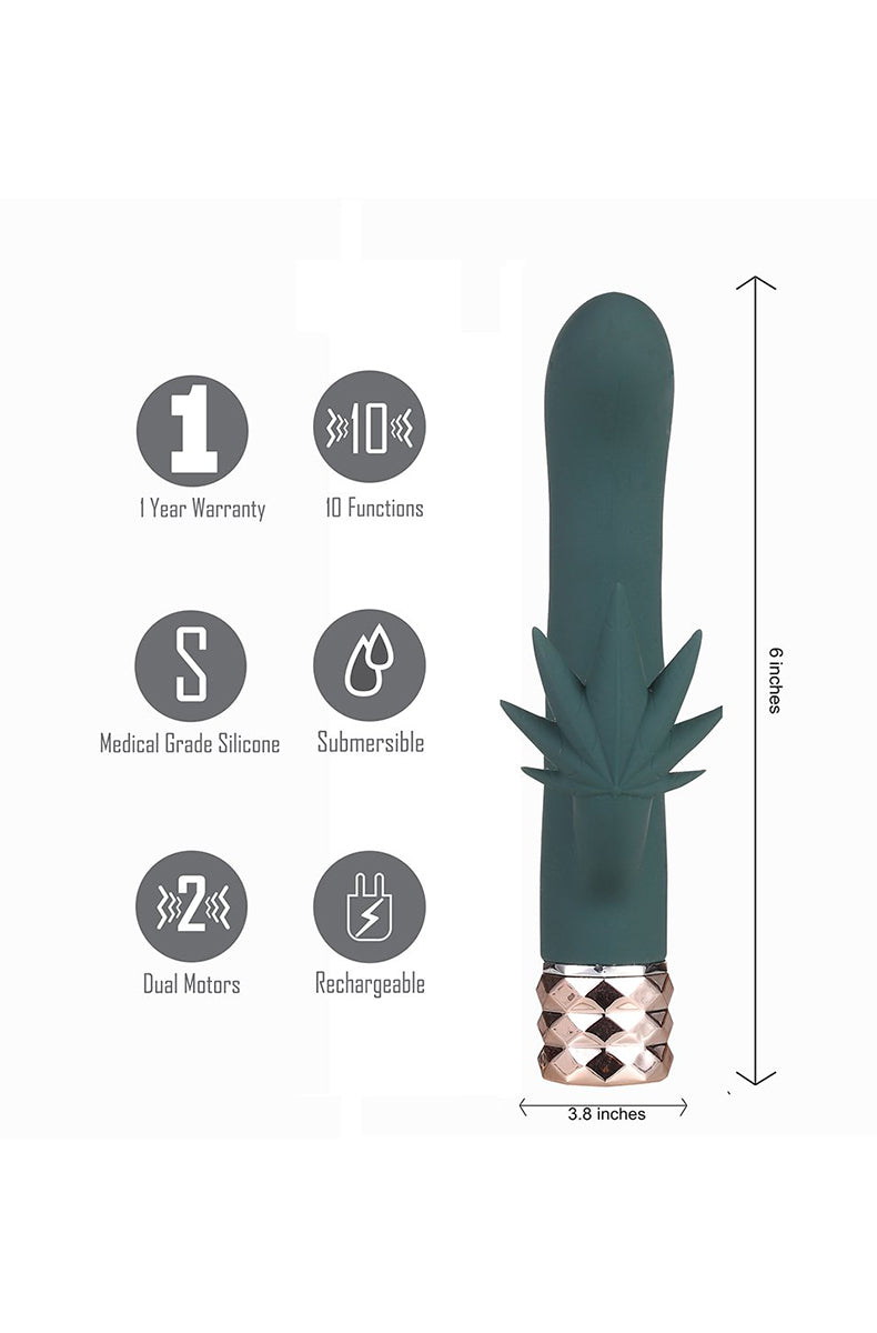 Kusha rabbit feature callouts: 1 yr warranty, 10 functions, medical silicone, submersible, dual motors, 6 by 3.8 in.