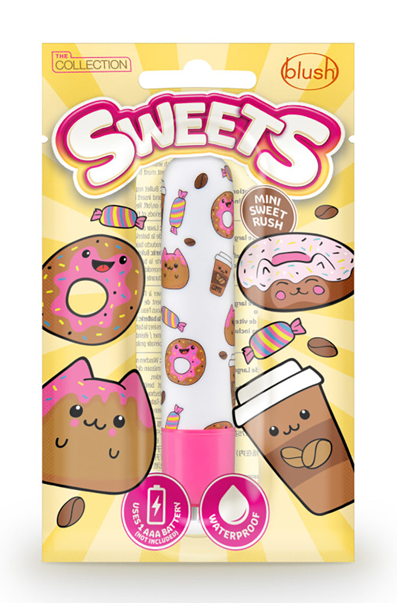 Mini Sweet Rush Bullet vibrator photographed beside packaging showing the donut and coffee illustration print.