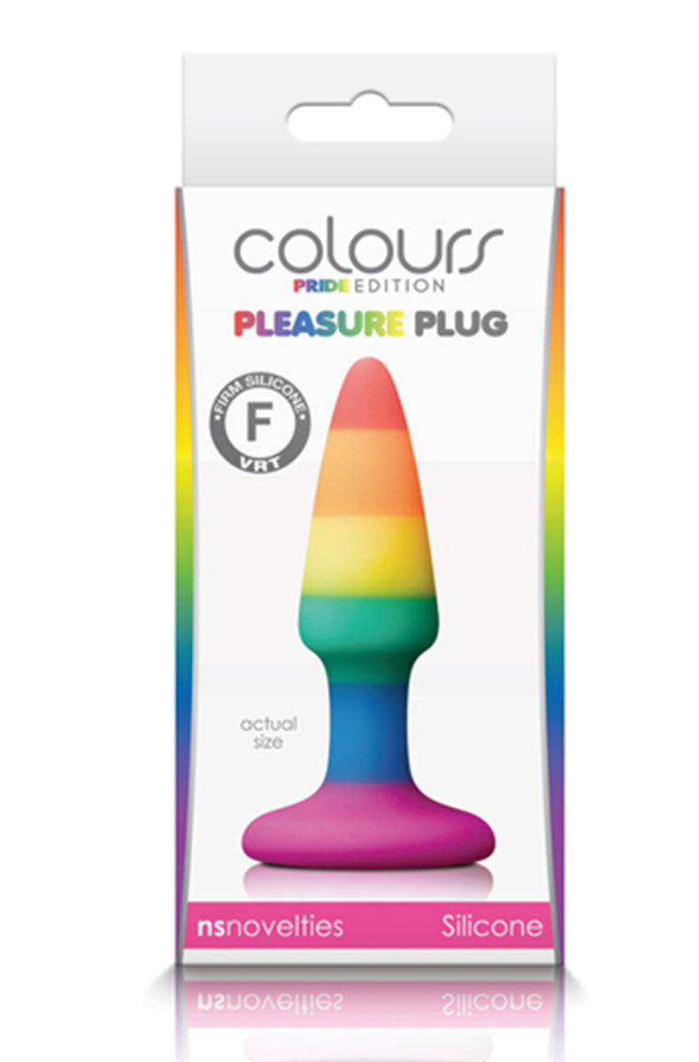 Side view of the Colours Pride Edition mini pleasure plug showing rainbow striped silicone body and suction base.