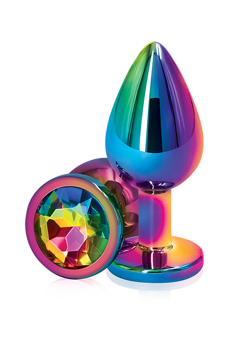 Rainbow chrome medium butt plug with a tapered shaft and a flared round base set with a faceted rainbow gem. NS Novelties.