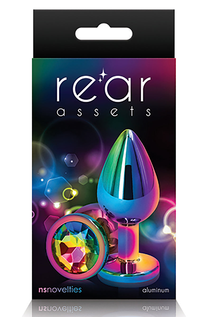 Alternate view of the rainbow medium butt plug showing the round rainbow gem in the flared base.