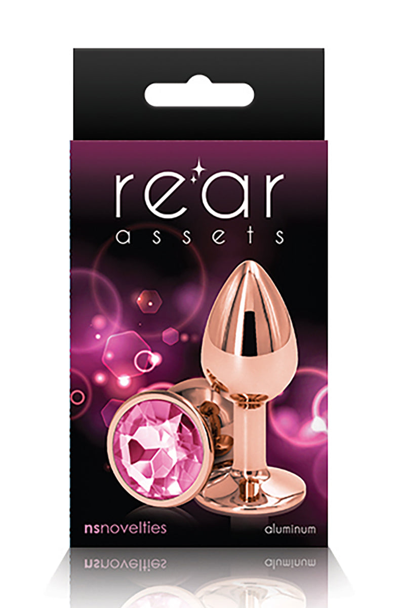 Alternate view of the rose gold small butt plug showing the round pink gem base. NS Novelties.