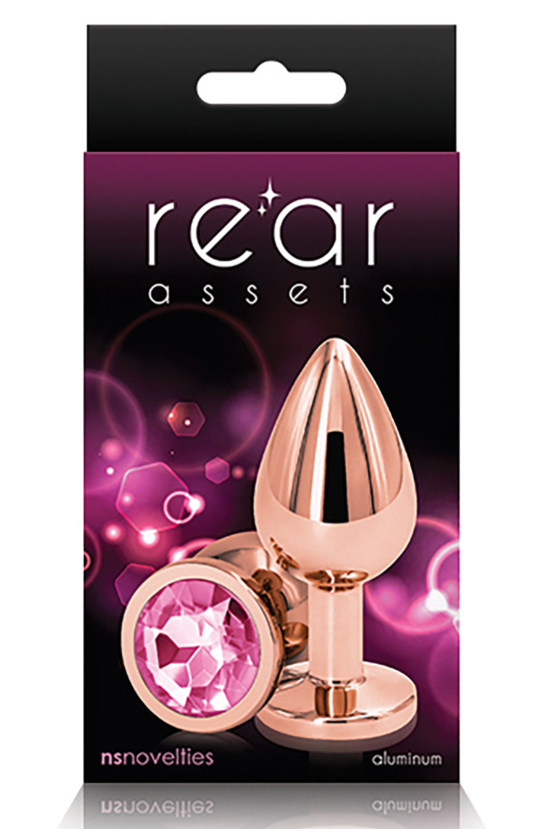 Alternate view of the rose gold medium butt plug showing the round pink gem base. NS Novelties.