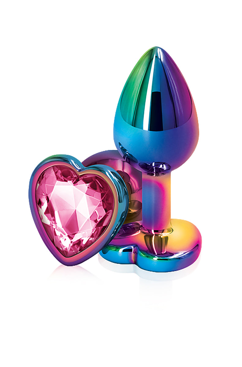 Rainbow chrome aluminum small butt plug with a tapered shaft and a flared heart base set with a pink heart gem. NS Novelties.