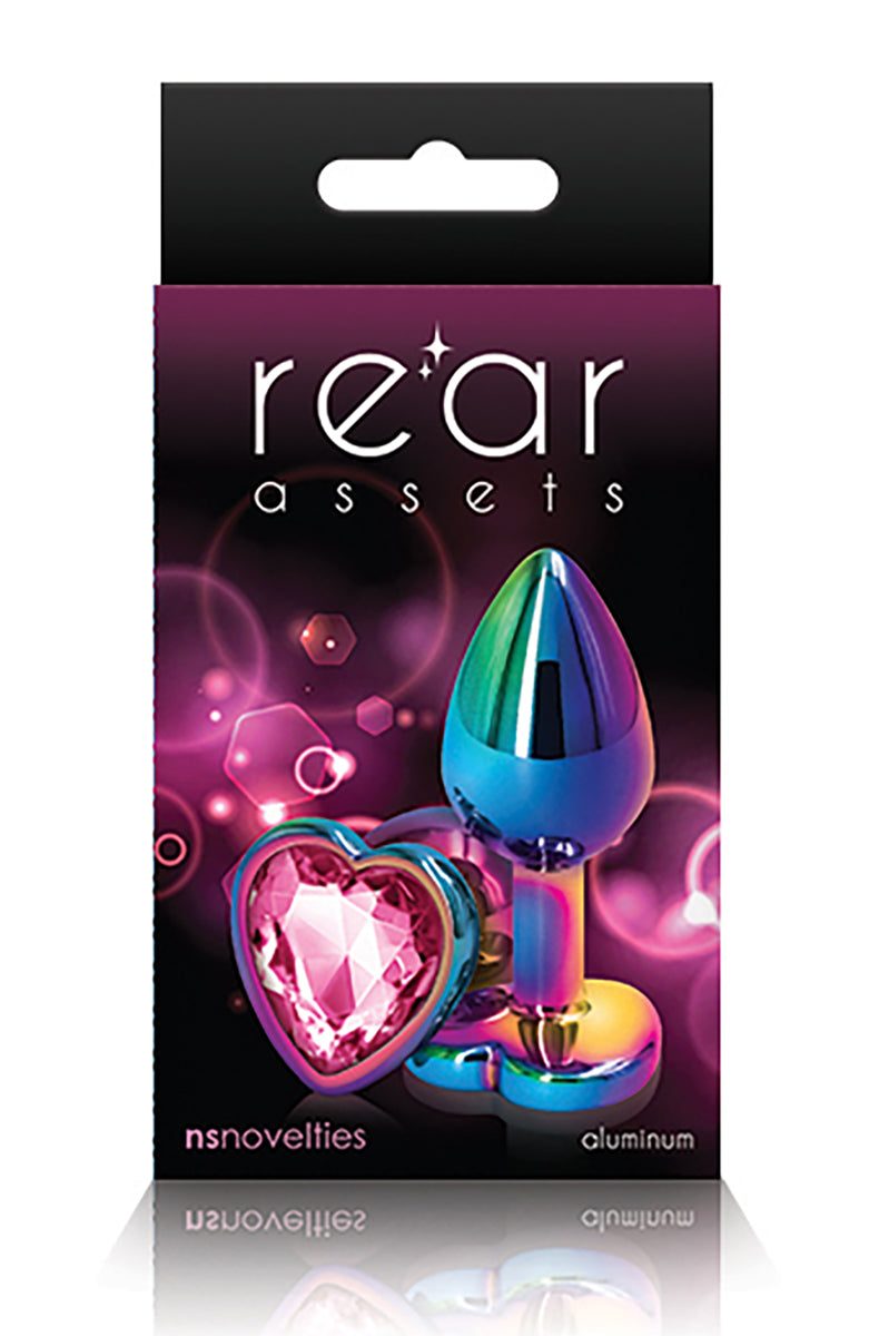 Alternate view of the rainbow small butt plug showing the pink heart gem in the flared heart base.