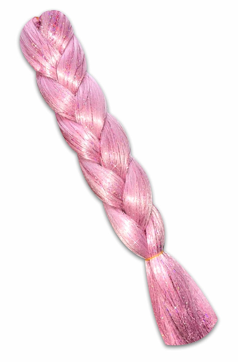 Jumbo bundle of synthetic hair fiber in soft uniform pink with reflective tinsel strands woven through, in a packaged braid form.