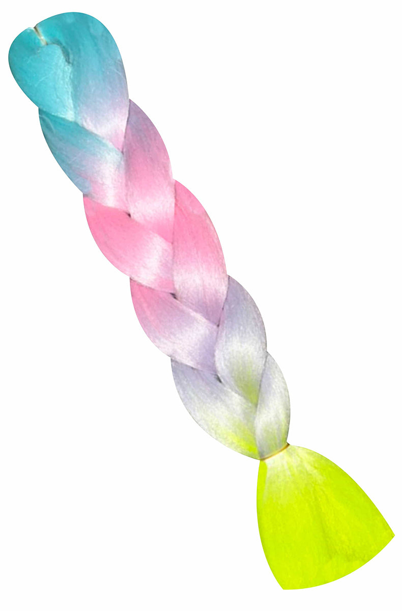 Jumbo bundle of synthetic hair fiber in a pastel ombre running teal to pink to lavender to neon yellow, with glow-in-the-dark fiber, in packaged braid form.