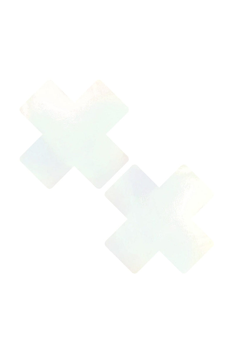 Two iridescent white X-shaped vinyl pasties with a pearl finish that shifts mint and pink in the light.