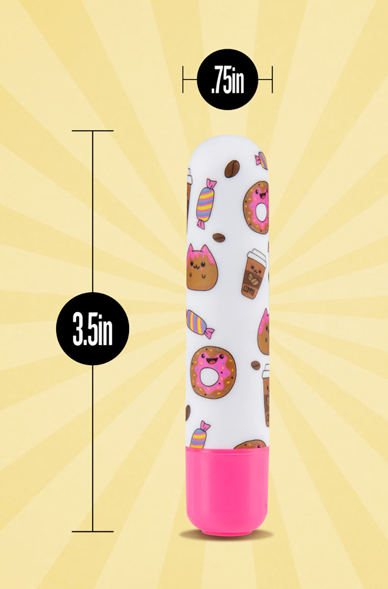 Top view of the Mini Sweet Rush Bullet vibrator showing the rounded tip and dessert print.