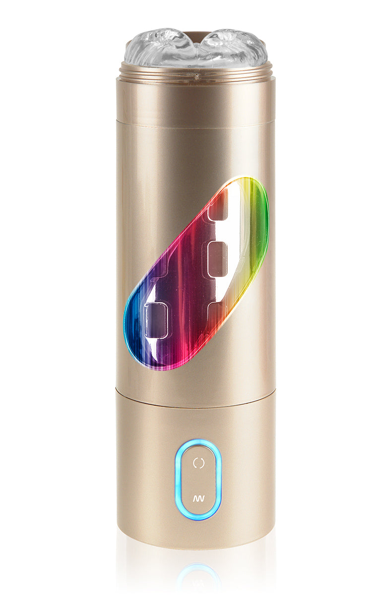 Gold cylindrical rotating stroker with clear sleeve, oval rainbow LED window on the body, glowing power button.