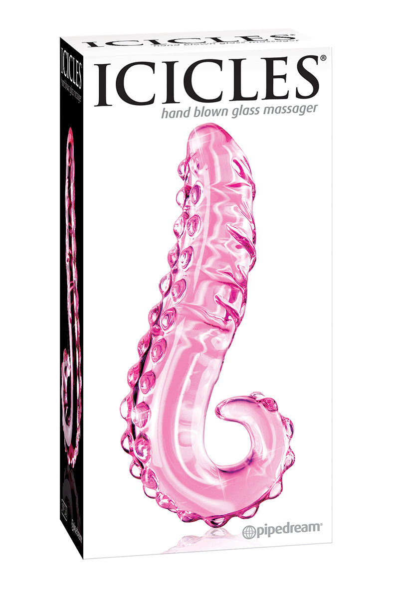 Pink glass tentacle-style massager with curled handle and rows of glass suction cup nubs along the shaft.