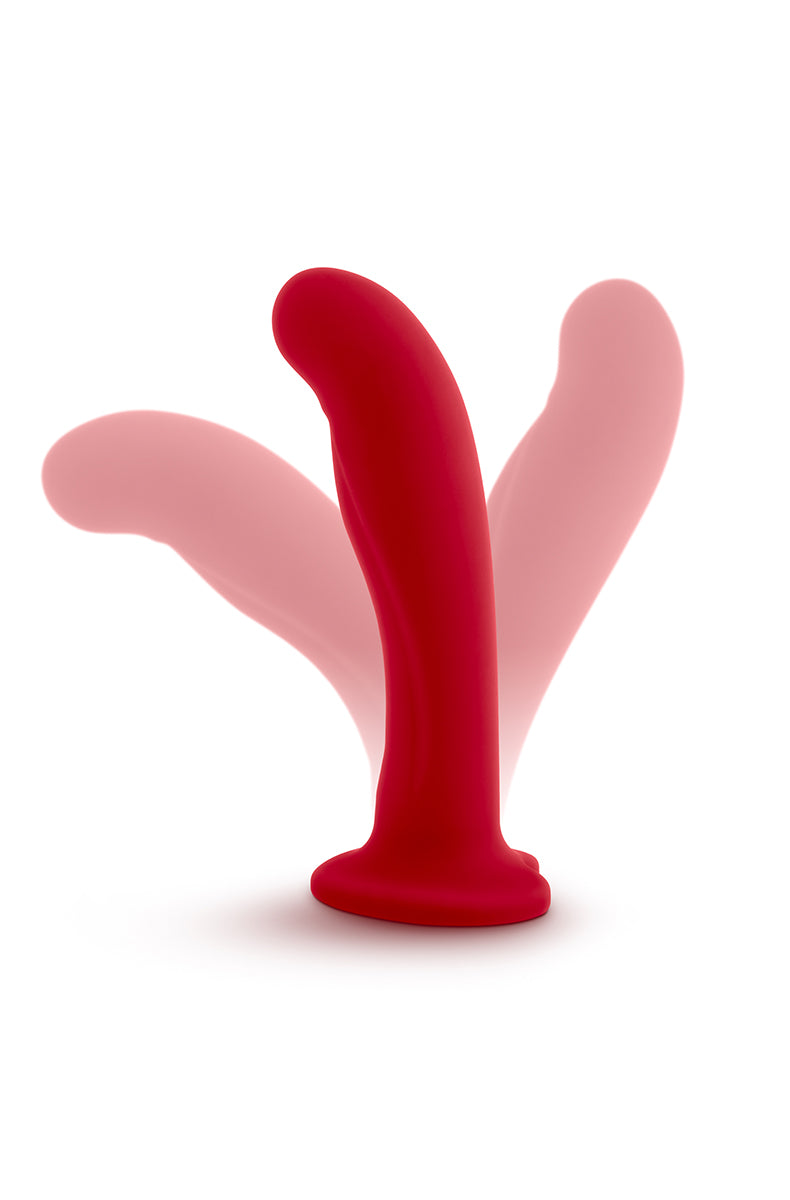 Front view of red silicone dildo with smooth satin finish and curved tip.