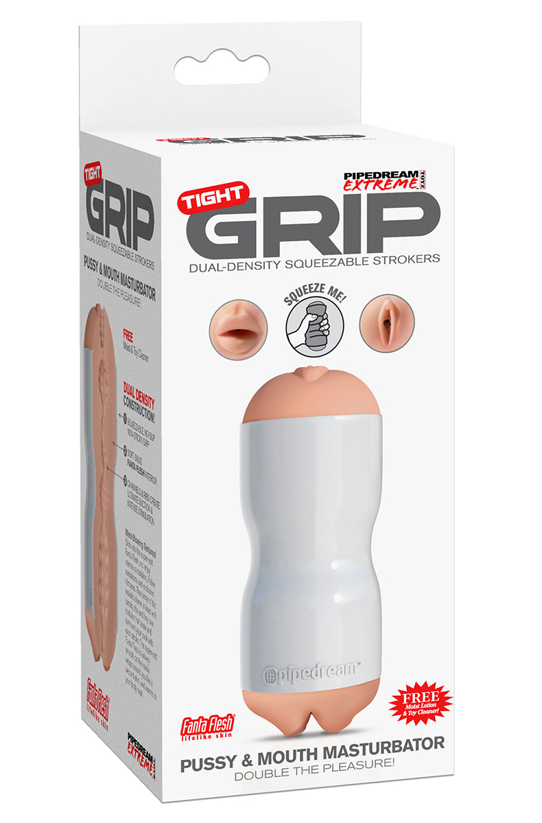 Tight Grip Pussy & Mouth stroker in printed retail box from Pipedream Extreme Toyz.