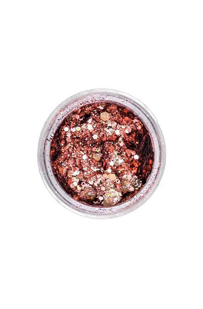 Lunautics Moon Dust Glitter pot in Roseaye, showing rose-pink with copper chunky cosmetic glitter on a white background.