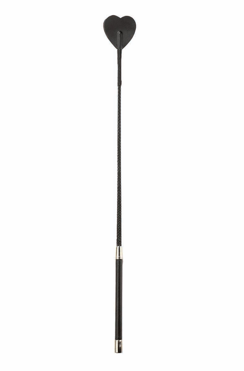 Black heart shaped riding crop with braided shaft and silver accent grip, full length