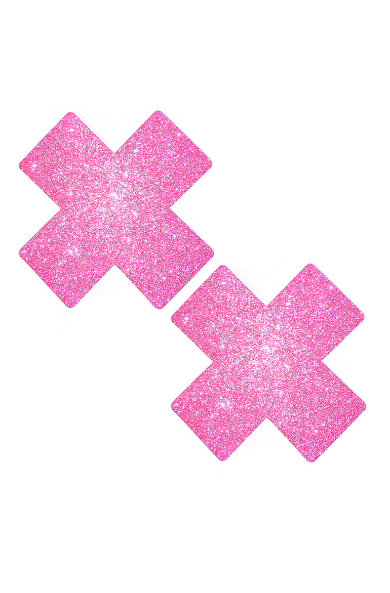 Two X-shaped pasties cut from hot pink glitter material.
