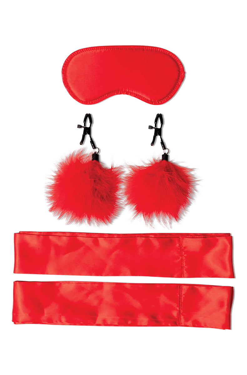 Red satin kit: red satin blindfold, two long red satin tethers, and red feather-puff nipple clamps with black tips.