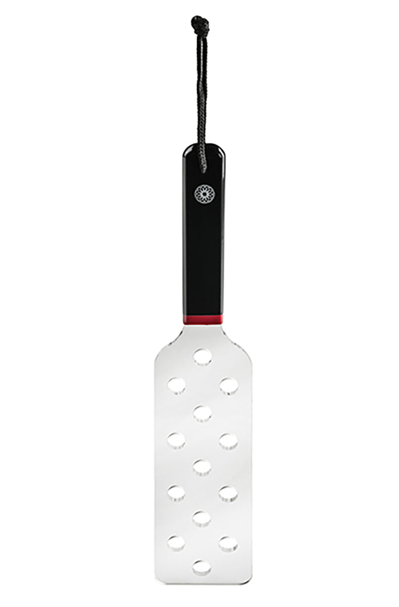 Clear acrylic rectangular paddle with eleven holes punched through the impact head, on a black PVC handle with hanging cord.