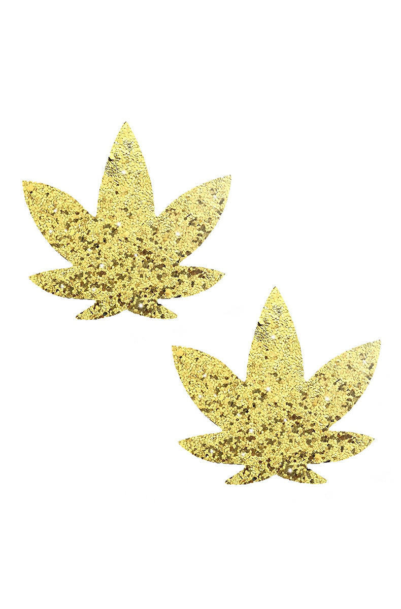 Two cannabis-leaf-shaped pasties cut from chunky gold glitter material.