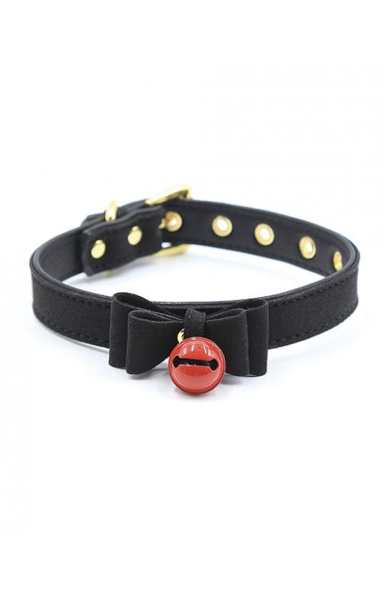 Black suede-finish vegan leather collar with a small black bow at the front and a red jingle bell hanging below.