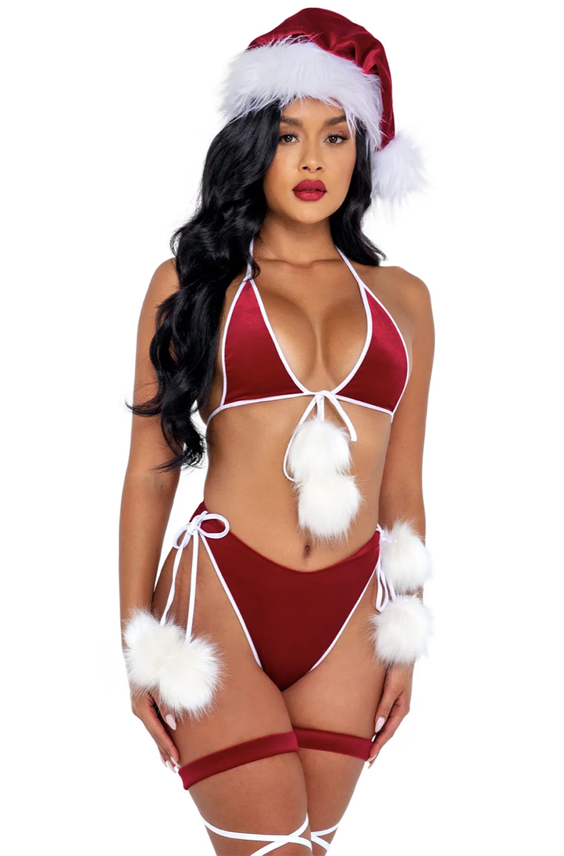 Red velvet triangle halter bikini set with white faux fur trim, white pom-pom ties, plus a red velvet Santa hat, white faux fur thigh garters, and white faux fur arm cuffs.
