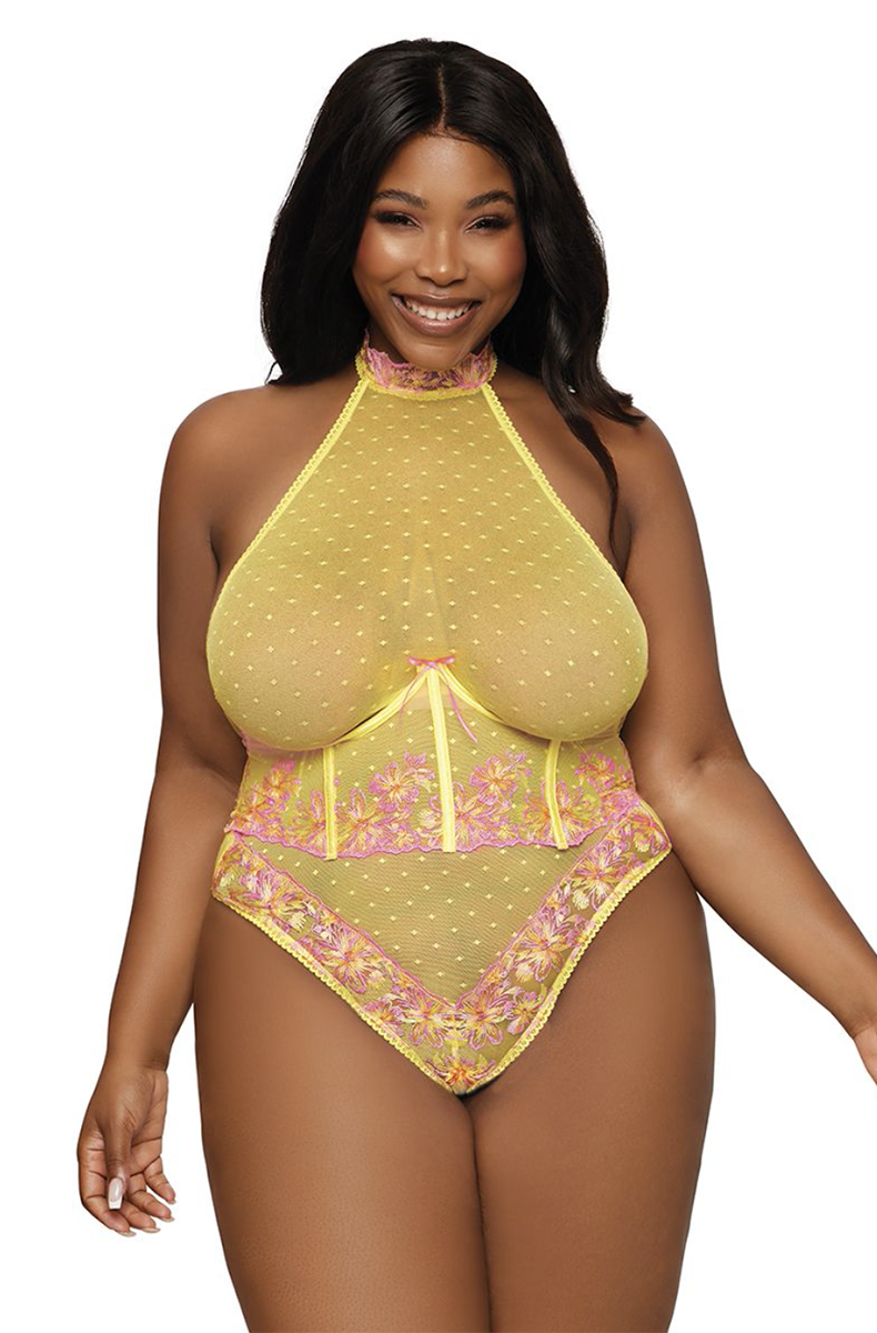 Dreamgirl yellow lace teddy and open bust corset set