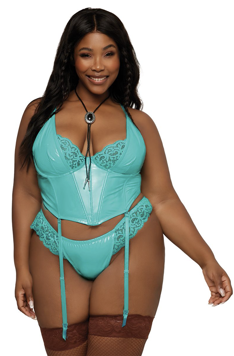 Dreamgirl teal wetlook bustier and lace thong set
