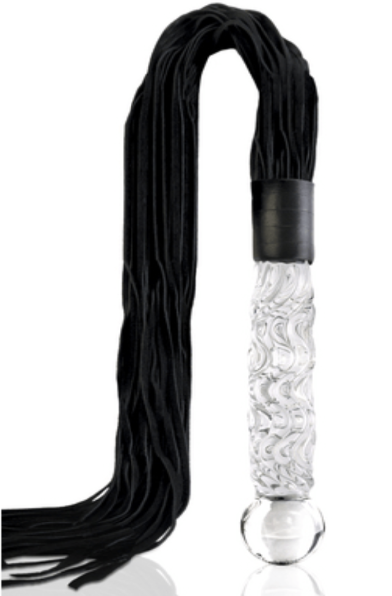 Hand-blown clear glass dildo handle with swirled texture and nine long black bull-leather tails flowing from the top.
