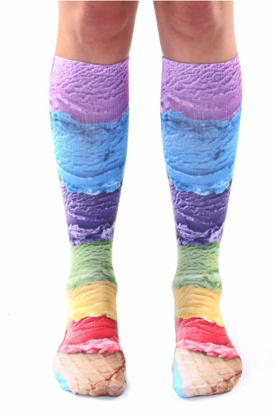 Knee-high socks printed with stacked photo-real rainbow ice-cream scoops running cuff to toe.