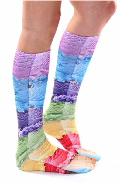 Knee-high socks printed with stacked photo-real rainbow ice-cream scoops running cuff to toe.
