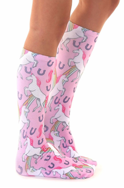 Pink knee-high socks with prancing white unicorns, rainbows, and silver horseshoes printed all over.