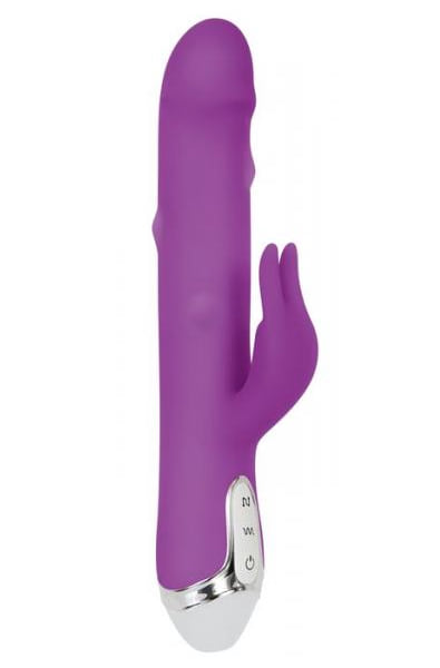 Front view of the matte purple Dancing Pearl rabbit vibrator with internal pearl beads and chrome-accented ABS handle.